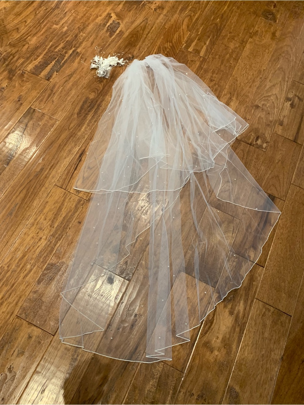 Vintage 1986 White Bridal Veil with Beaded Accents & Vintage Bridal Hairpiece